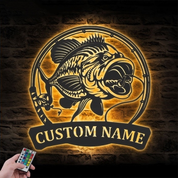 Custom name Bass Fishing wall decor sign with RGB color changing led